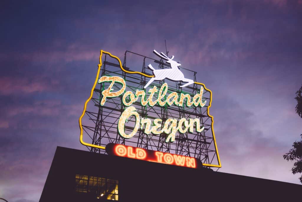 portland or sign at night