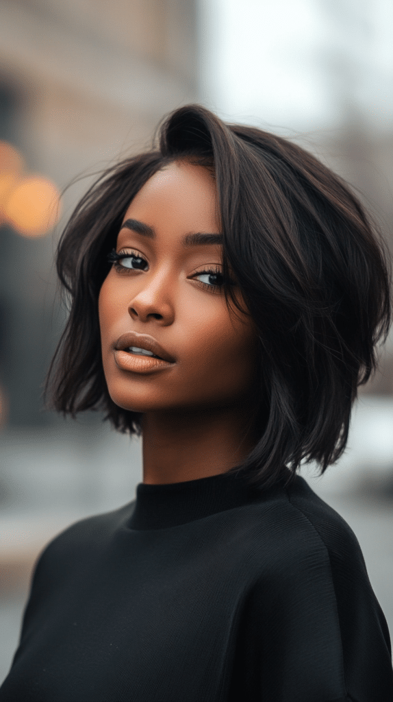 A woman with an asymmetrical choppy bob hairstyle, standing in a sleek, urban environment. Her hair is longer on one side, creating a modern edge.