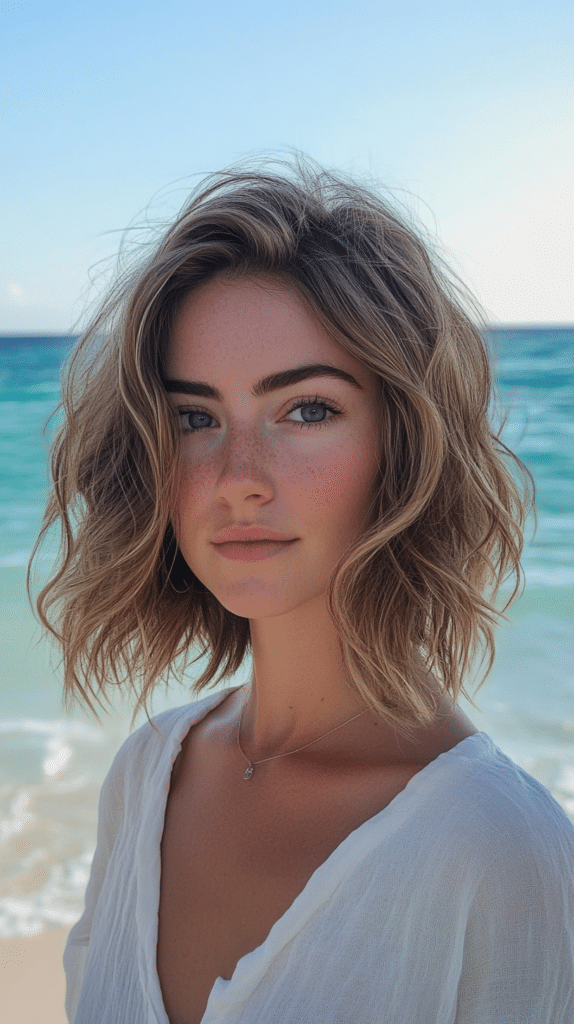 A woman with a beachy waves choppy bob, standing by the ocean. Her hair features soft waves, giving it a relaxed, beachy texture.