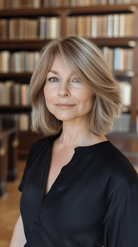 A woman with a blunt choppy bob, standing in a classic library. Her hairstyle has sharp, blunt ends that contrast with the choppy layers.