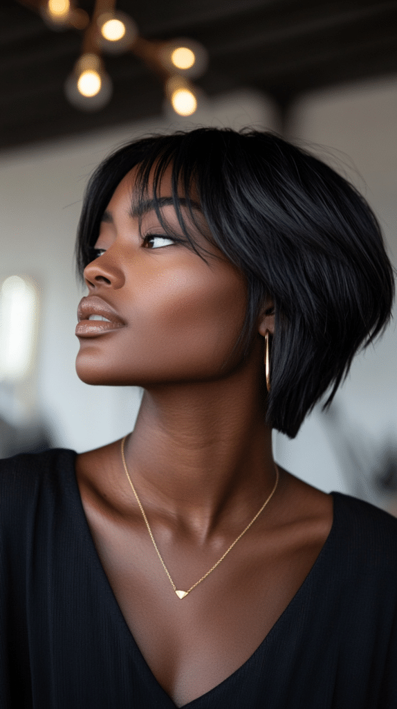 A woman with a choppy bob and a hidden undercut, standing in a trendy urban loft. Her hairstyle has a secret undercut that adds a unique edge.