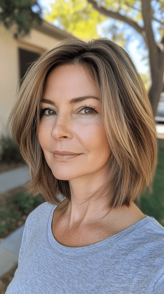 A woman with a classic choppy bob hairstyle with soft layers, standing in front of a suburban house. Her hair appears light and airy with gentle layering.