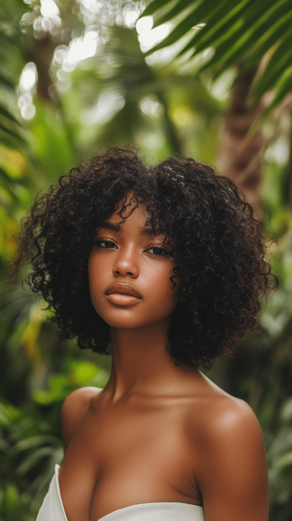 A woman with a curly choppy bob hairstyle, standing in a tropical garden. Her natural curls are enhanced by choppy layers, giving them shape and bounce.