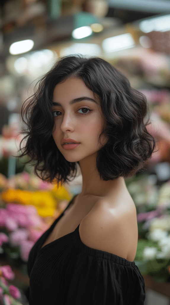 A woman with a layered choppy bob featuring soft curls, standing in a flower shop. Her hair has gentle curls that enhance the choppy layers.