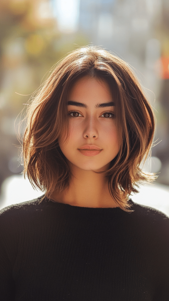 A woman with a low-maintenance choppy bob featuring subtle caramel highlights, standing in a sunlit street. Her hair looks effortlessly stylish with soft highlights.