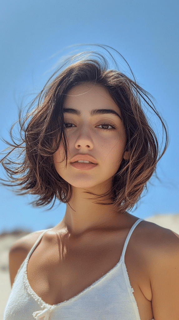 A woman with a messy choppy bob hairstyle, standing on a sandy beach. Her hair looks effortless with tousled layers, creating a carefree and relaxed vibe.