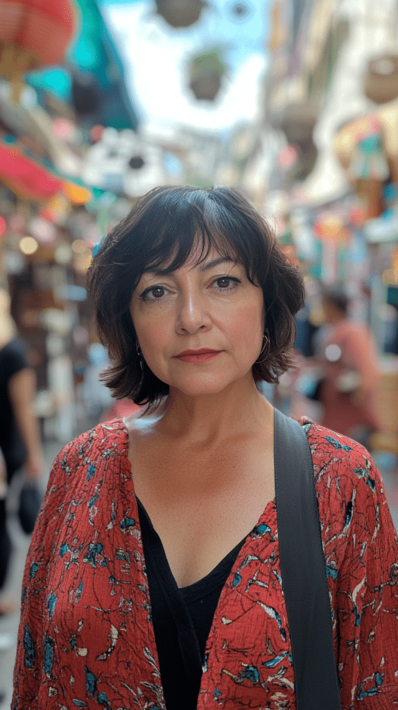 A woman with a short choppy bob, standing in a vibrant marketplace. Her hair is full of bold, choppy layers that give her an effortlessly stylish look.