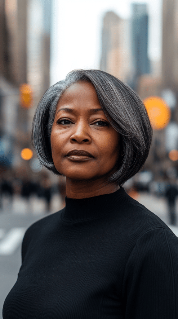 A woman with a short choppy bob featuring blunt ends, standing on a bustling city street. Her hairstyle looks bold and edgy with sharp, defined ends.