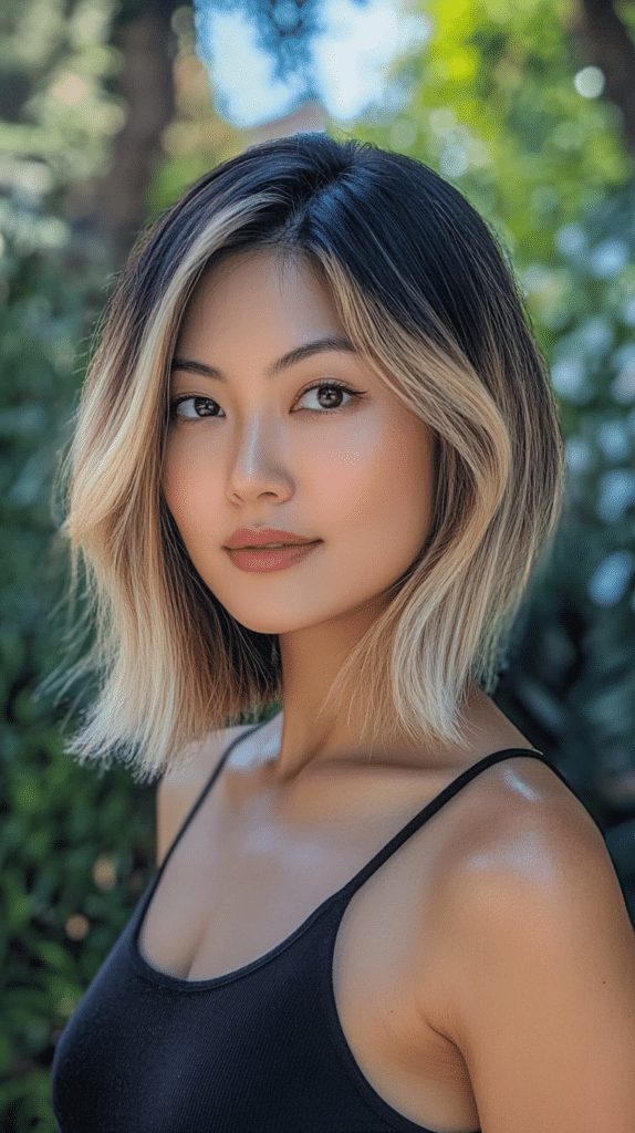 A woman with a choppy bob featuring face-framing blonde highlights, standing in a garden. The highlights brighten her features and complement her dark hair.