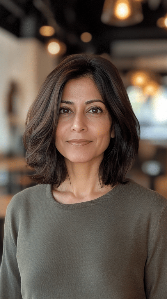 A woman with a soft layered choppy bob, standing in a cozy coffee shop. Her hair looks fuller with subtle layers, creating volume for fine hair.