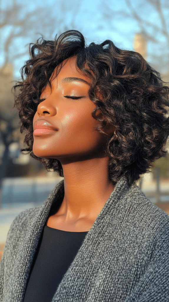 A woman with a textured choppy bob hairstyle featuring side bangs, standing in a city park. Her hair is full of movement with layers and textured ends.