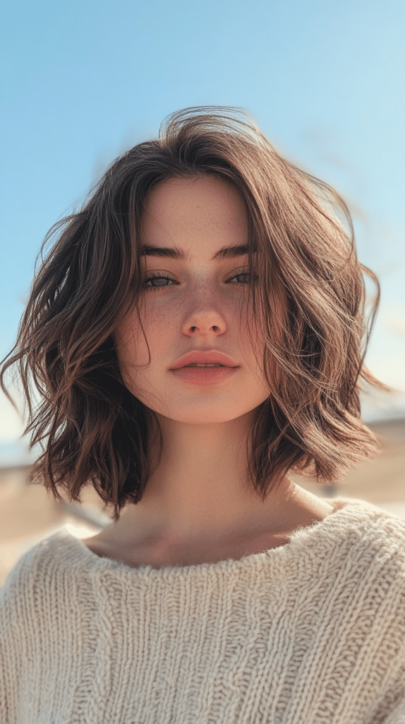 A woman with a wavy choppy bob hairstyle, standing on a sunny boardwalk. Her hair features soft waves and choppy layers, giving her a laid-back vibe.