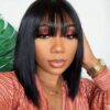 Glueless Wigs Bob Wig Clousure Lace Black Color Human Hair Wig With Bangs - 4x4 Lace / 180% / 10inch