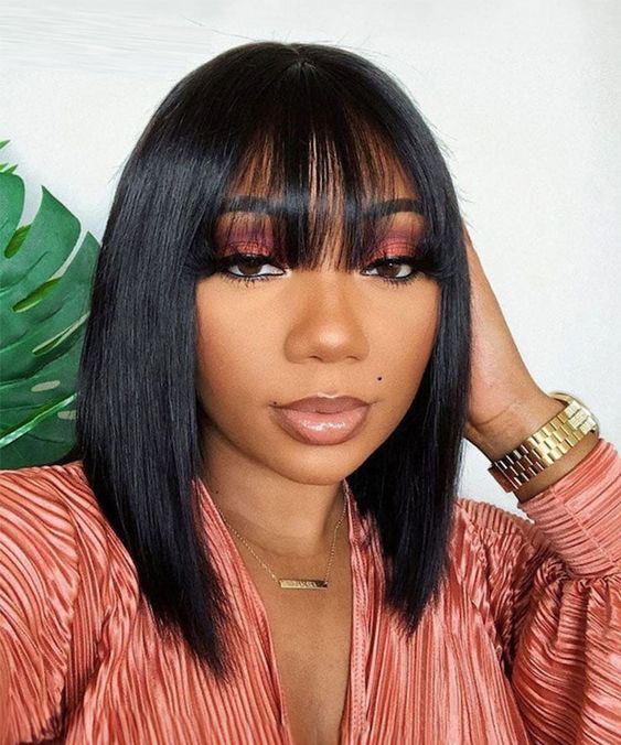 Glueless Wigs Bob Wig Clousure Lace Black Color Human Hair Wig With Bangs - 4x4 Lace / 180% / 10inch