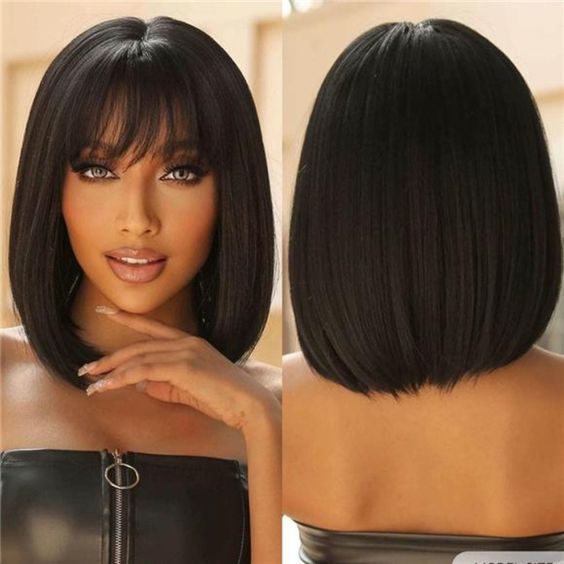 Glueless Wigs Bob Wig Clousure Lace Black Color Human Hair Wig With Bangs - 4x4 Lace / 180% / 10inch