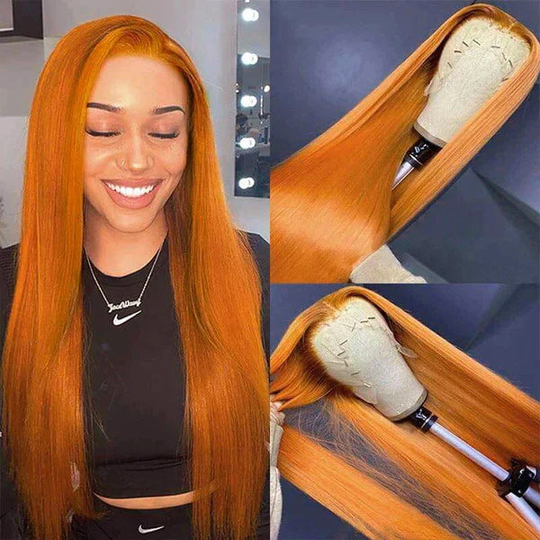Ginger Orange Color 13x4 Transparent Lace Frontal Wigs Straight Human Hair With Baby Hair - 13x6 Lace / NO / 14inch