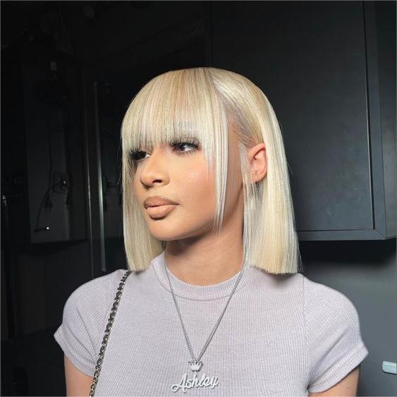 6ae40cb60317f0c81ec2e3e1c39f2806 Glueless Wigs Bob Wig Clousure Lace Blonde Color Human Hair Wig With Bangs - 4x4 / 180% / 12inch