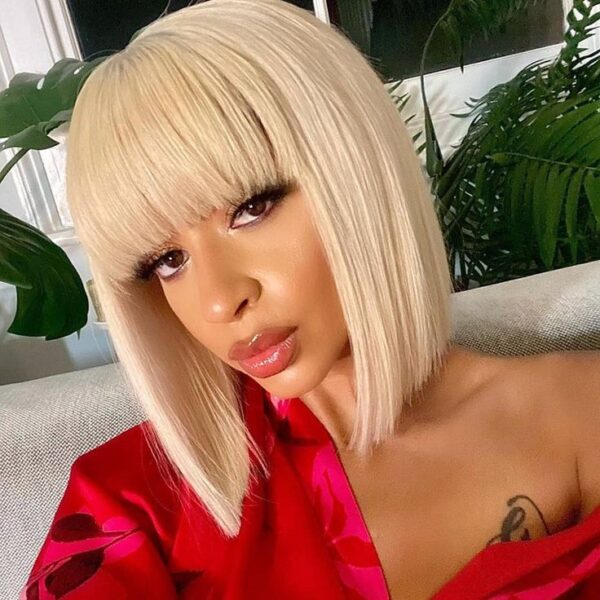 6ef80b11c95efbf6c1c7664be382c04b Glueless Wigs Bob Wig Clousure Lace Blonde Color Human Hair Wig With Bangs - 4x4 / 180% / 12inch