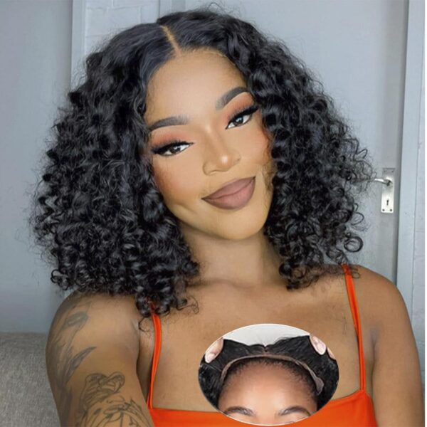 712DOHyJD_L._SL1500 Glueless Wig Natural Black Color Short Curly Wig Bob 4x4/13x4 HD Lace Front Wigs - 4x4 Lace / 150% / 12inch