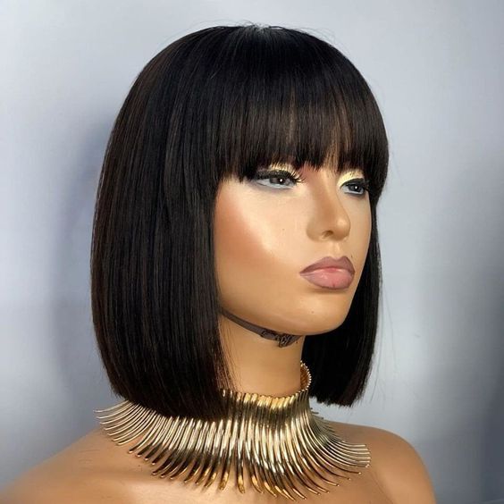 Glueless Wigs Bob Wig Clousure Lace Black Color Human Hair Wig With Bangs - 4x4 Lace / 180% / 10inch