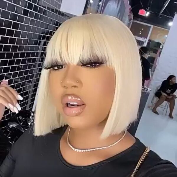 8bda9e12a5bd0ecd22f872c5ff856701 Glueless Wigs Bob Wig Clousure Lace Blonde Color Human Hair Wig With Bangs - 4x4 / 180% / 12inch