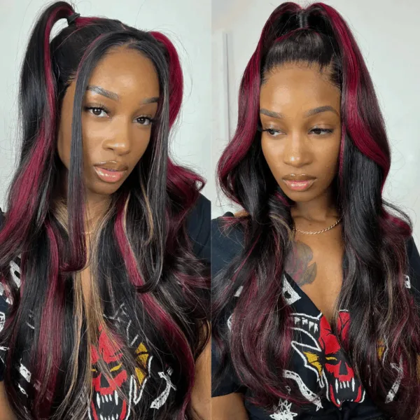 BlackWithRed_BlondeHighlights13x4LaceFrontRedAndBlondeLooseWaveWigMultiColorWig_11 Piano Black with Red & Blonde Wig Loose Wave 180% Density Human Hair Wig - 13x4 Lace / NO / 26inch