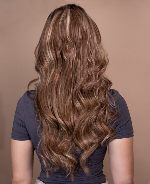 DSC01580-b put on & go pre-cut lace wavy human wig - 24" bronzed highlights.