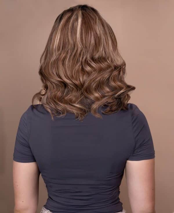 put on & go pre-cut lace wavy human wig - 14" bronzed highlights.