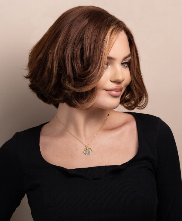 DSC07726-a wedge bob human wig - 8" caramel highlights.