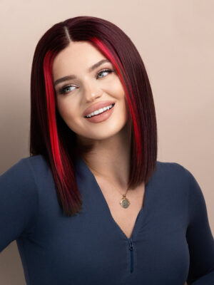 long bob human wig - 10" red money piece highlights.