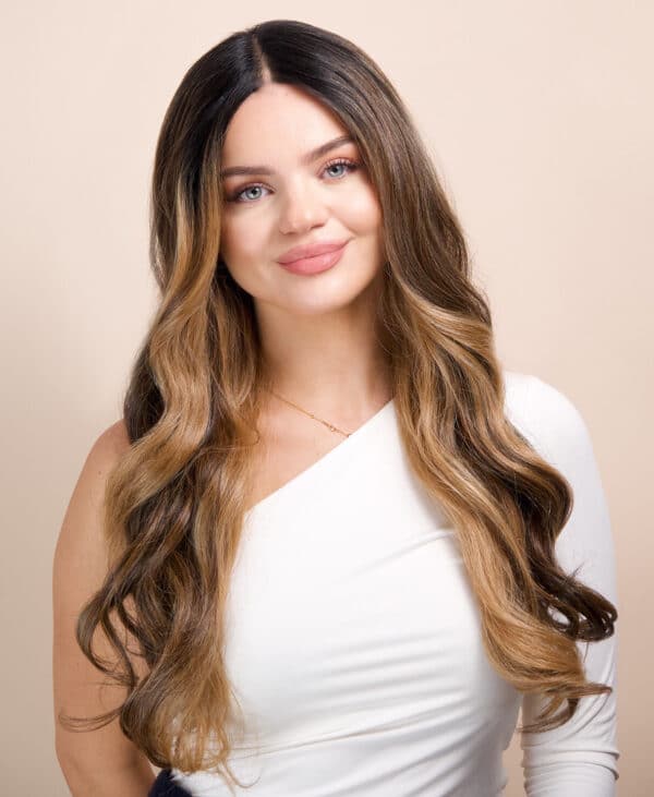 IMG_0948 vegan fiber caramel balayage moneypiece wig 24".