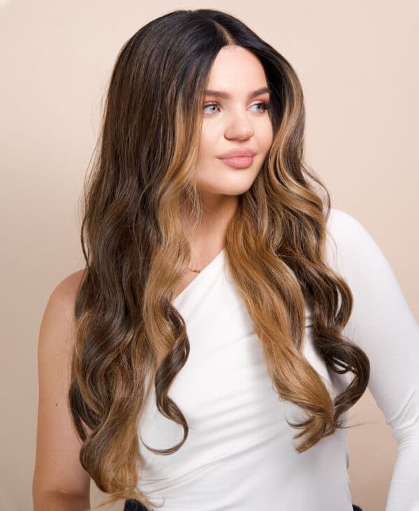 IMG_0950 vegan fiber caramel balayage moneypiece wig 24".