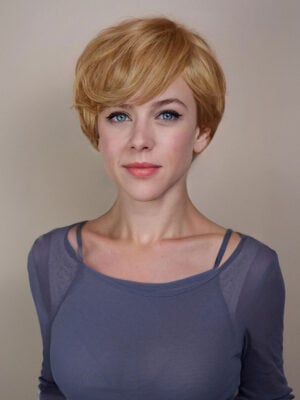 wedge cut human wig - 8" honey blonde.