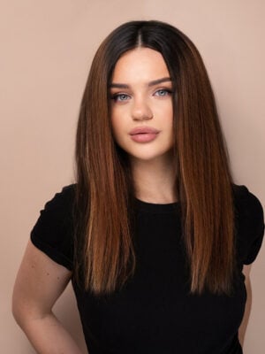 front lace human wig - 14" rooted brown.