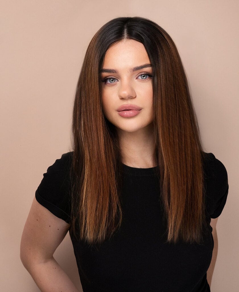 front lace human wig - 14" rooted brown.