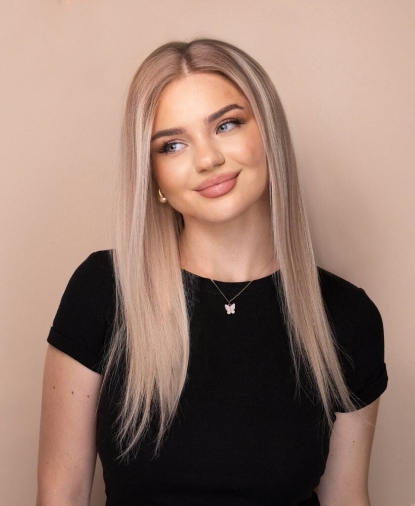 front lace human wig - 14" rooted blonde with highlights.