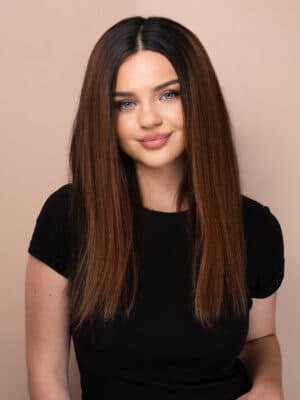 front lace human wig - 18" rooted brown.
