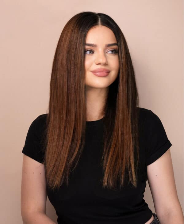 front lace human wig - 18" rooted brown.