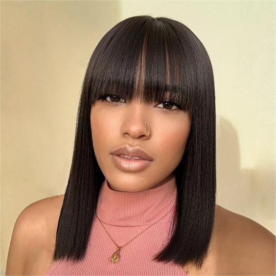 Glueless Wigs Bob Wig Clousure Lace Black Color Human Hair Wig With Bangs - 4x4 Lace / 180% / 10inch