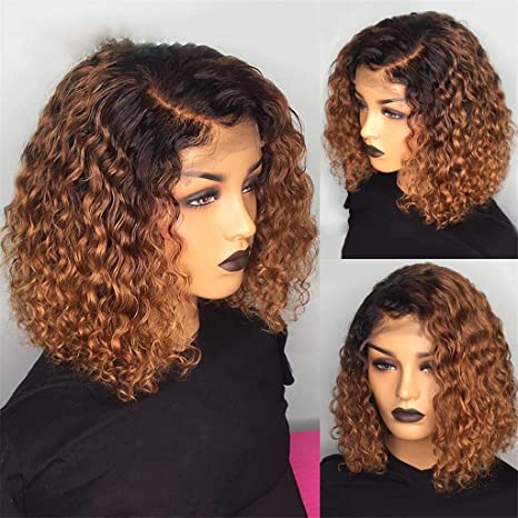 balayagecurlybob-2 Short Bob Wig Curly Pre Cut Transparent Lace Wig Balayage Omber Color Wigs - 13x6 Lace / Yes / 14inch