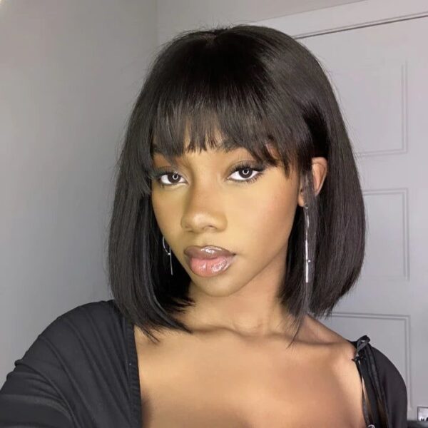 Glueless Wigs Bob Wig Clousure Lace Black Color Human Hair Wig With Bangs - 4x4 Lace / 180% / 10inch