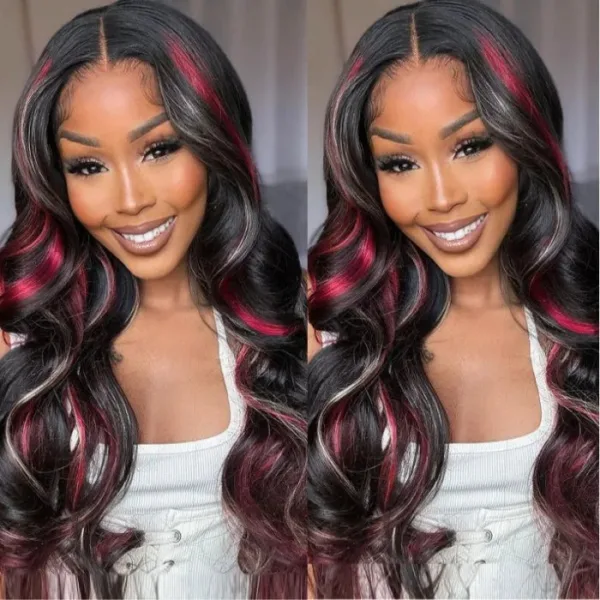 piano1 Piano Black with Red & Blonde Wig Loose Wave 180% Density Human Hair Wig - 13x4 Lace / NO / 26inch