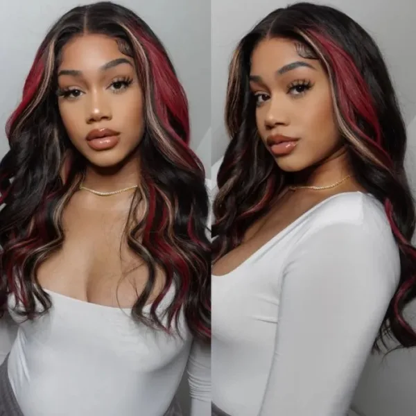 piano2 Piano Black with Red & Blonde Wig Loose Wave 180% Density Human Hair Wig - 13x4 Lace / NO / 26inch