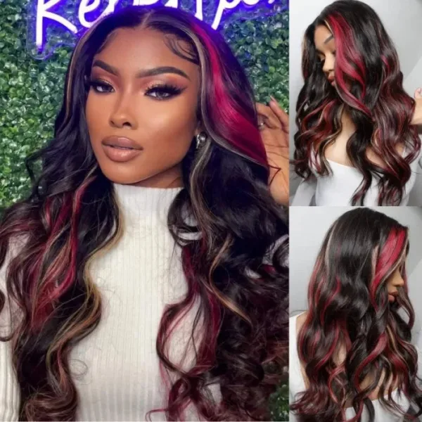 piano3 Piano Black with Red & Blonde Wig Loose Wave 180% Density Human Hair Wig - 13x4 Lace / NO / 26inch
