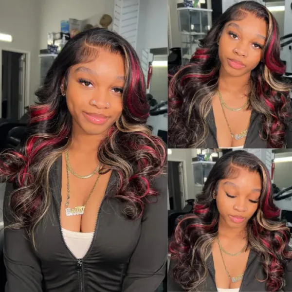 piano4 Piano Black with Red & Blonde Wig Loose Wave 180% Density Human Hair Wig - 13x4 Lace / NO / 26inch