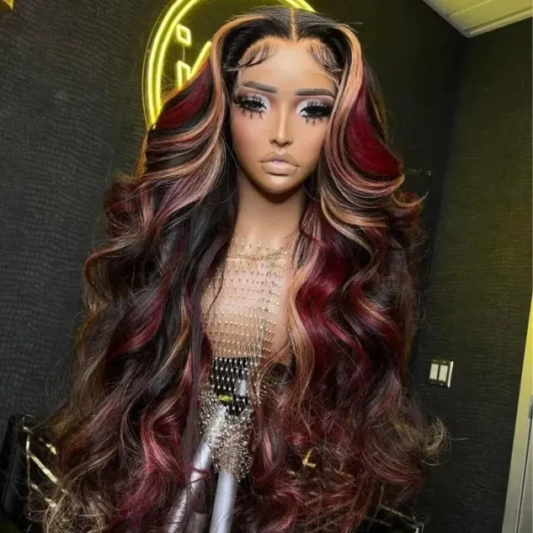 piano5 Piano Black with Red & Blonde Wig Loose Wave 180% Density Human Hair Wig - 13x4 Lace / NO / 26inch
