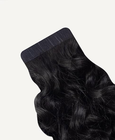 tape-curly-natb-close-up curly tape-in hair extensions #1b natural black. - 20"/50g / Invisible