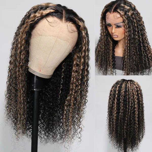 Balayage Highlights Curly Wig HD Lace Front Wig Human Hair #1B/27 Colored Wig 180% Density - 13x6 Lace / NO / 22inch