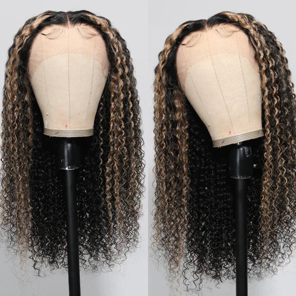 Balayage Highlights Curly Wig HD Lace Front Wig Human Hair #1B/27 Colored Wig 180% Density - 13x6 Lace / NO / 22inch