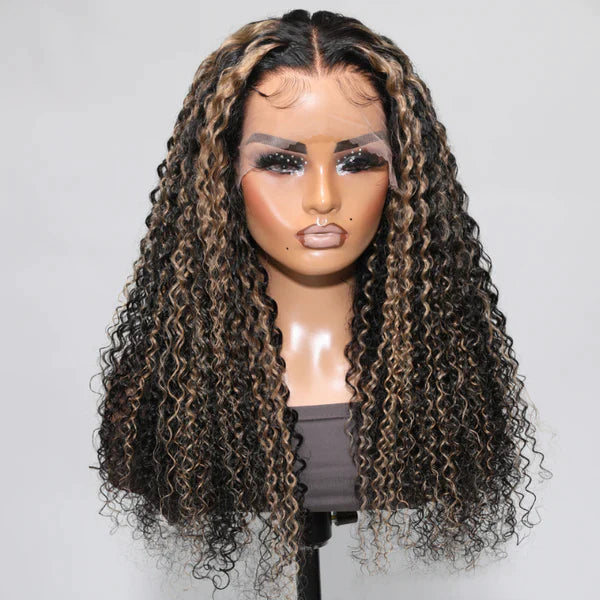 Balayage Highlights Curly Wig HD Lace Front Wig Human Hair #1B/27 Colored Wig 180% Density - 13x6 Lace / NO / 22inch